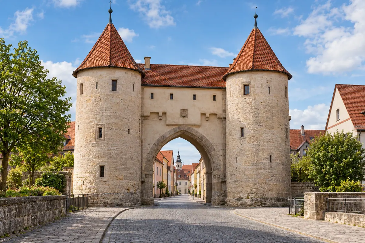 KI-Illustration: Ellinger Tor in Weißenburg in Bayern (Landkreis Weißenburg-Gunzenhausen).