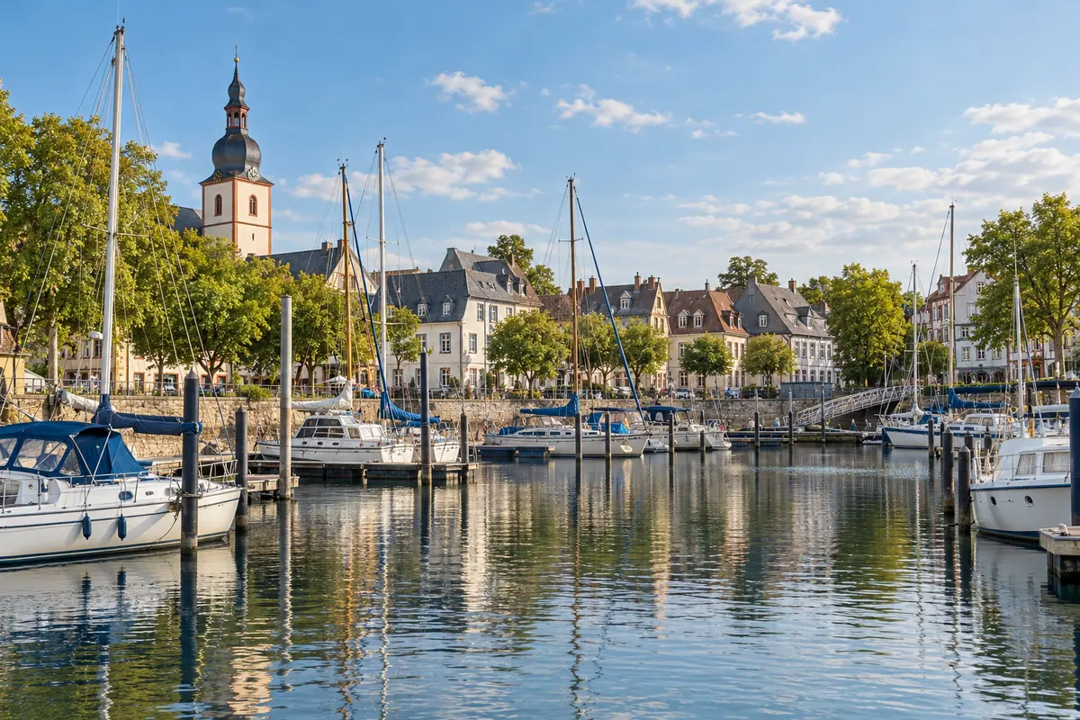 KI-Illustration: Schiersteiner Hafen in Wiesbaden-Schierstein.