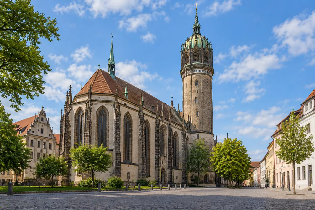 KI-Illustration: Schlosskirche in Lutherstadt Wittenberg (Landkreis Wittenberg).
